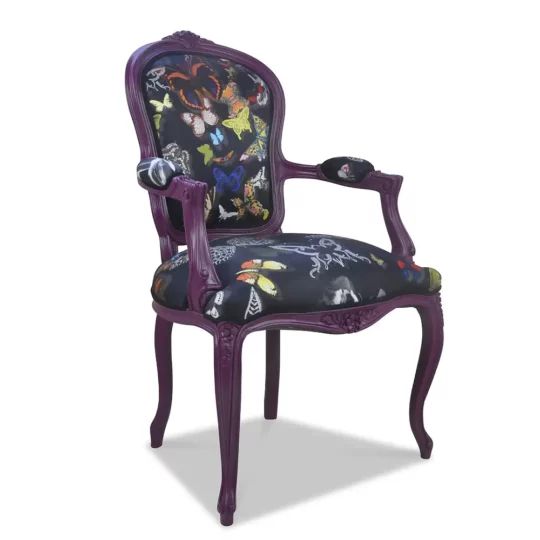 Fauteuil Art Deco Tissu Papillon Laque Mauve Noemie